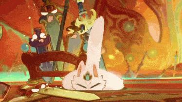 a cartoon rabbit is sitting on a table next to a sword and a bottle .