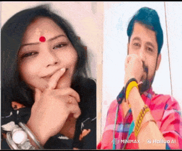 a woman with a red dot on her forehead is smiling next to a man with a beard covering his nose