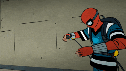a cartoon drawing of a spiderman holding a hose