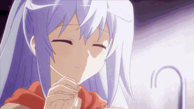 a close up of a girl with purple hair and a red scarf around her neck