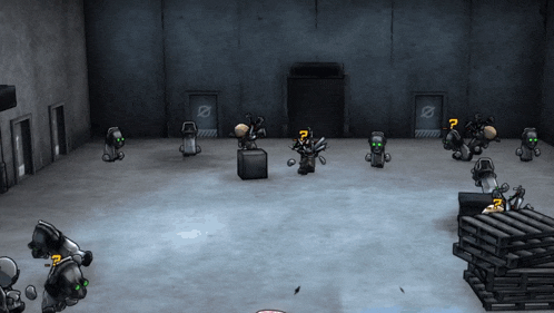 a group of robots are playing a video game and one has a question mark on it