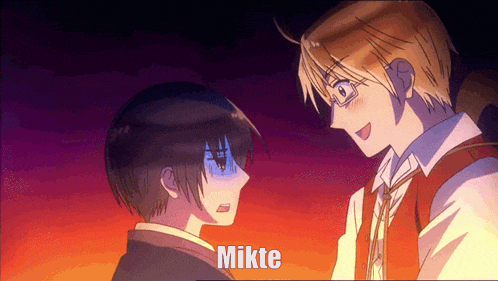 two anime characters are looking at each other and the word mikte is on the bottom right