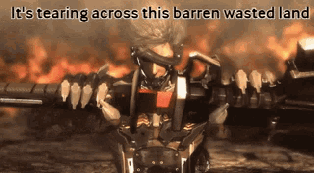 a video game character is tearing across a barren wasteland