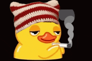 a yellow duck wearing a red and white striped hat smoking a cigarette