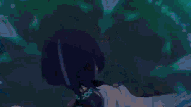 a boy with blue hair is kicking a black hole in the air .