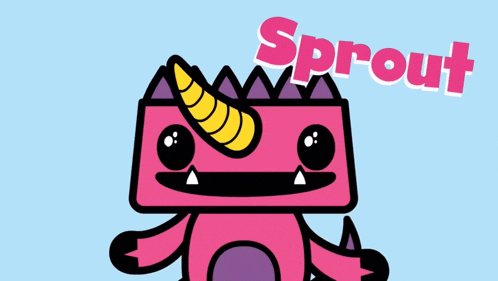 a pink and purple monster with a yellow horn and the word sprout below it