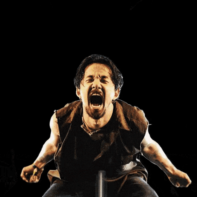 a man with a beard is screaming while lightning strikes around him