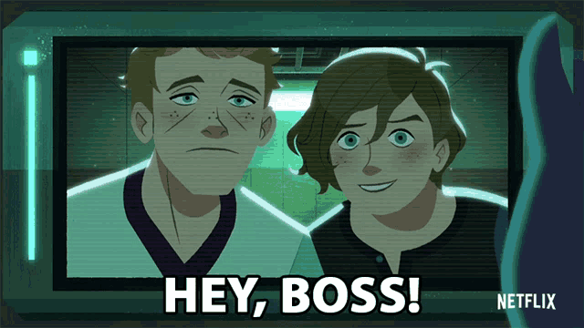 a cartoon of two people says hey boss