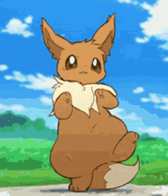 a cartoon eevee is standing on its hind legs in front of a grassy field .