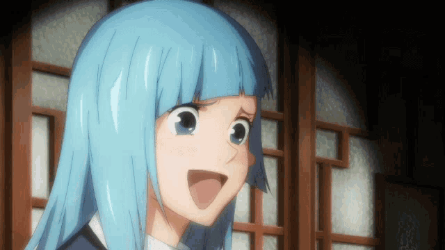 a blue haired anime character with a surprised expression on her face