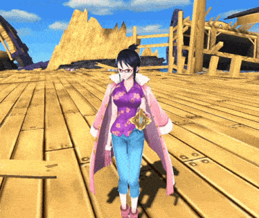 a girl in a pink coat stands on a wooden deck