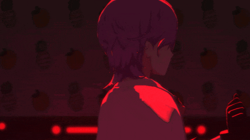 a girl with purple hair is standing in a dark room
