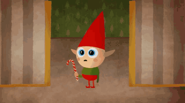 a cartoon elf holding a candy cane in front of a striped wall