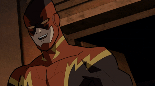 a man in a red and black superhero costume with a yellow lightning bolt on his chest