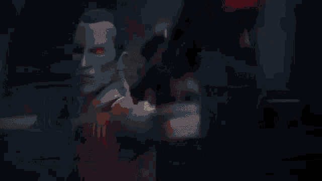a cartoon character is holding a gun in a dark room and shooting a bullet .
