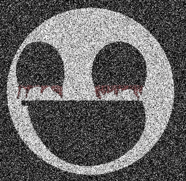 a black and white smiley face with blood dripping from its eyes .