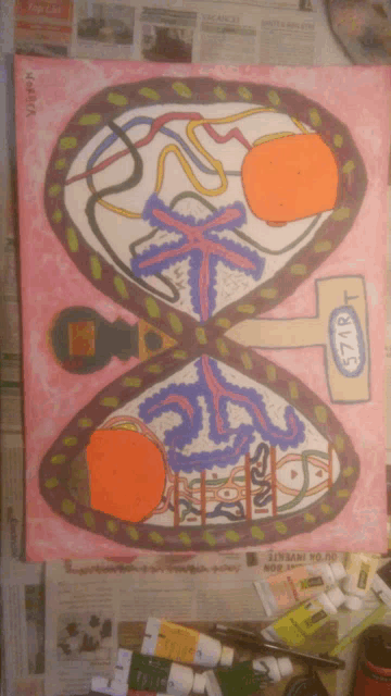 a painting of a hourglass with a sign that says ' l' art ' on it