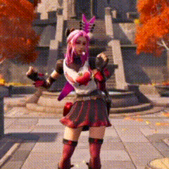 a woman with pink hair is standing on a sidewalk in front of a fountain .
