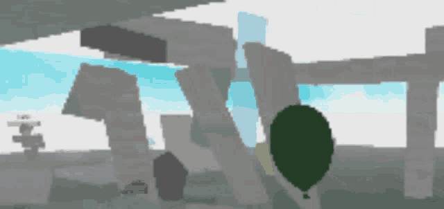 a green balloon is floating in the air in a video game scene
