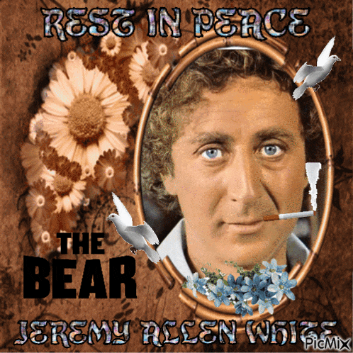 a picture of a man smoking a cigarette with the words rest in peace the bear