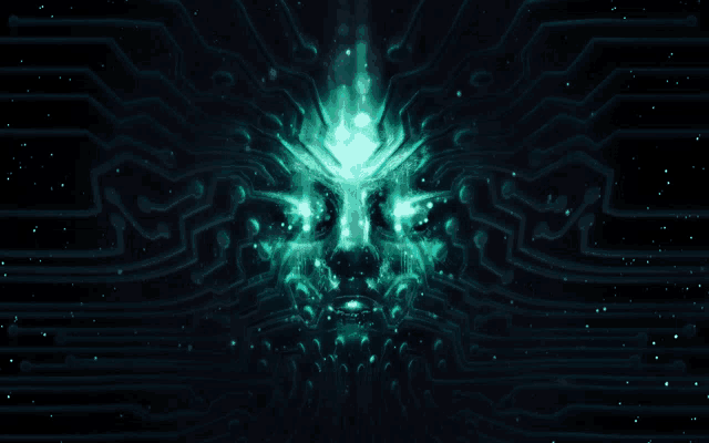 a computer generated image of a face with glowing eyes