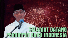a man stands in front of a microphone with fireworks in the background and the words selamat datang pemimpin baru indonesia