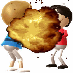 two cartoon characters standing next to each other holding a large piece of food