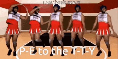 a group of cheerleaders are dancing on a basketball court with the words `` i am living for it '' above them .