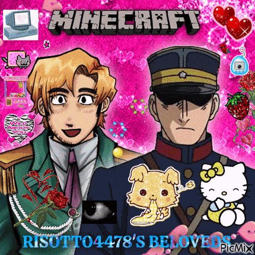a minecraft poster with two cartoon characters on a pink background
