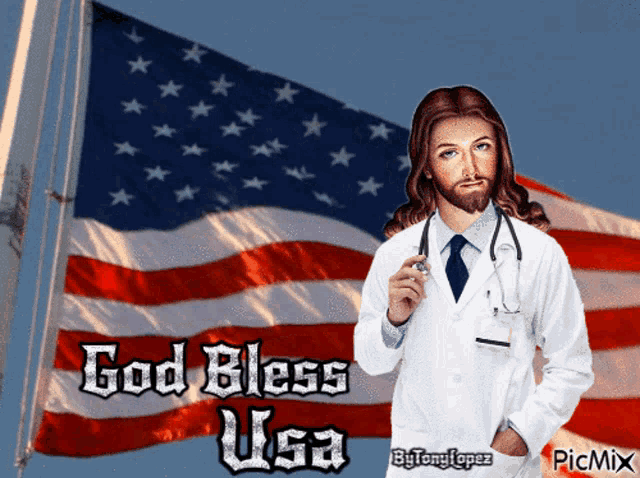 a picture of jesus holding a stethoscope in front of an american flag