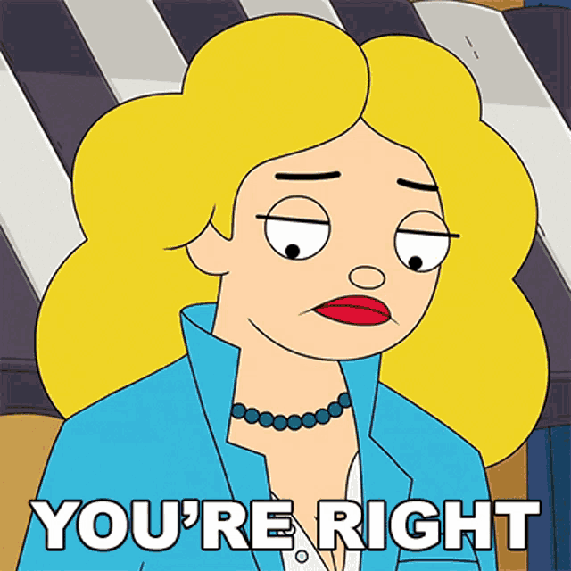 a cartoon woman says you 're right in front of a striped awning