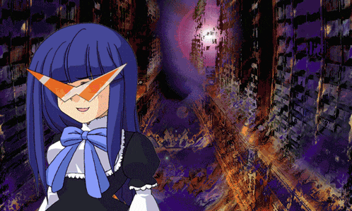 a cartoon girl with blue hair and a bow on her neck