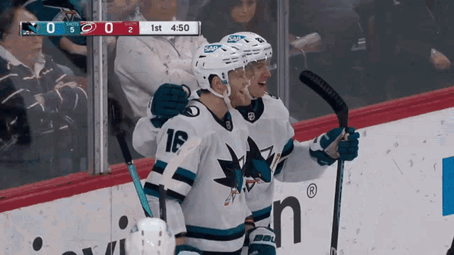 two sharks hockey players celebrate a goal during the first period of a game