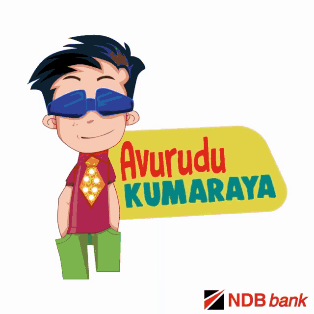 a cartoon of a boy wearing sunglasses holding a sign that says " avurudu kumaraya "