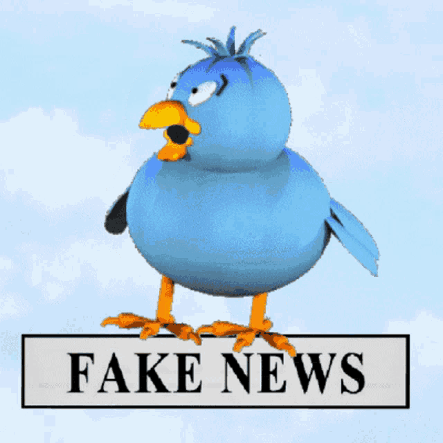 a blue bird standing on a fake news sign