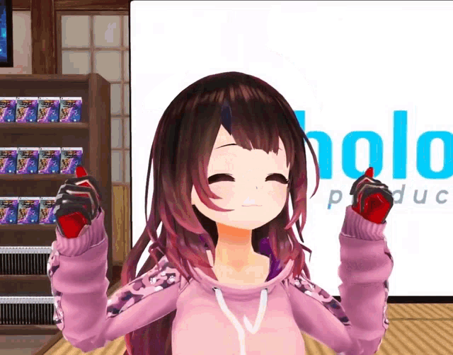 a girl in a pink hoodie stands in front of a sign that says halo productions