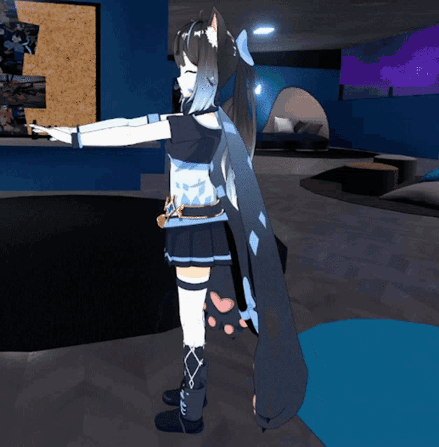 a cartoon character is standing in a room with her arms outstretched and her eyes closed
