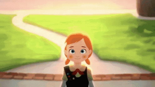 a cartoon girl with red hair is standing on a sidewalk in front of a grassy field .