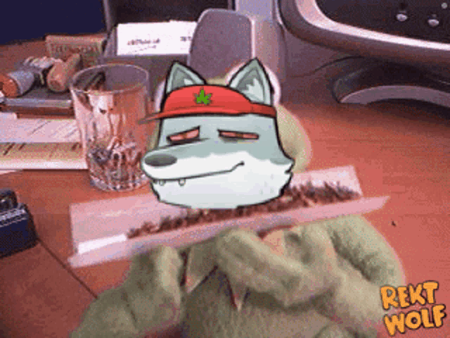 a cartoon of a wolf holding a rolled up cigarette with the word rekt wolf on the bottom right