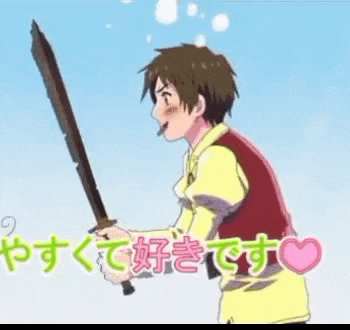 a boy is holding a large sword in his hand in a cartoon .