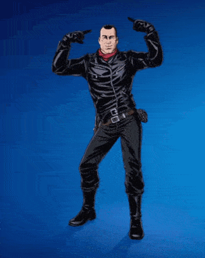 a cartoon drawing of a man in a leather jacket and boots