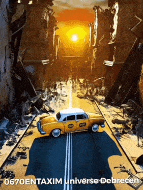 a yellow taxi cab is driving down a destroyed street with the sun shining in the background