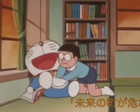 a cartoon of a boy hugging a doraemon in a library