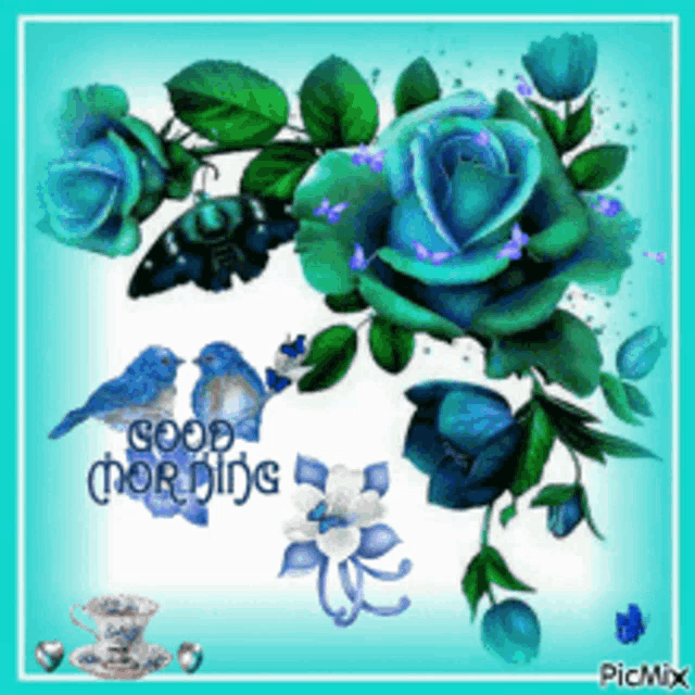 a picture of blue roses with the words good morning