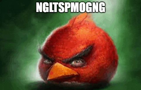a painting of an angry bird with a green background and the words `` ngltspmogng '' written on it .