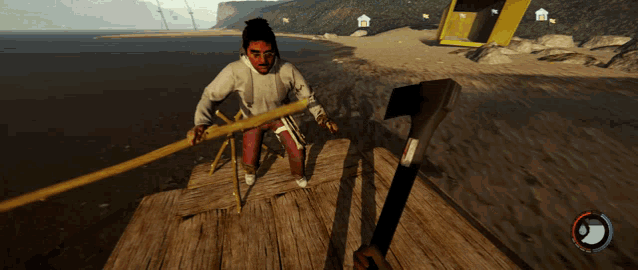 a video game shows a man holding a stick and a hammer