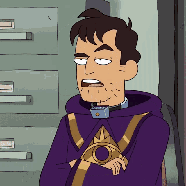 a cartoon of a man in a purple robe with a gold eye on his chest