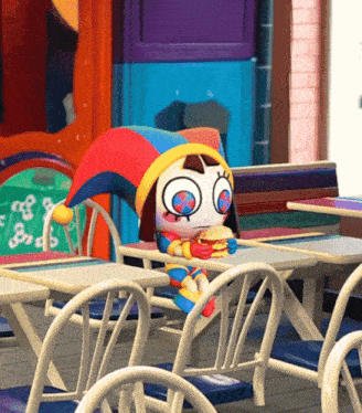 a cartoon character sitting at a table with a hamburger