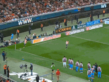 a group of soccer players are lined up on the field in front of a banner that says autozone