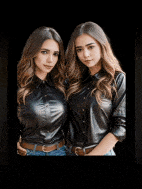 a couple of women standing next to each other wearing black leather shirts